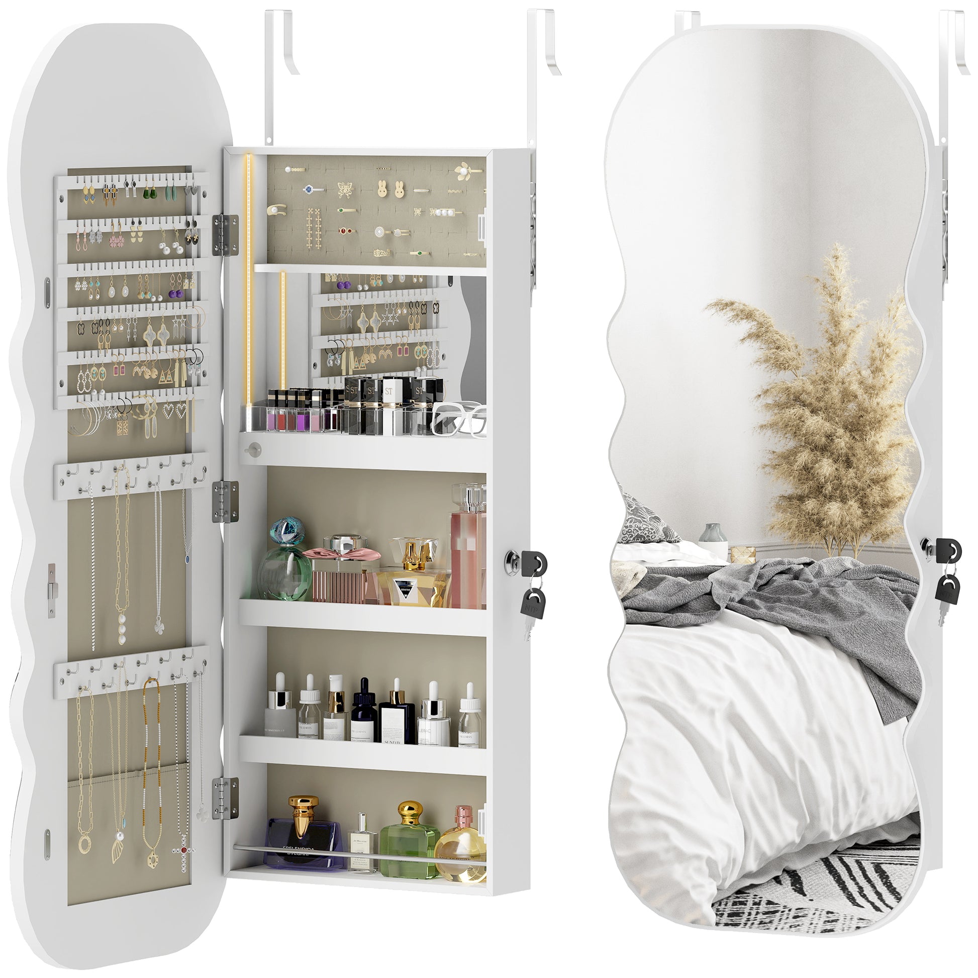 Jewelry Armoire Cabinet with Lights, Wall Mounted or Door Hanging Mirror Jewelry Cabinet with Full Length Mirror, White