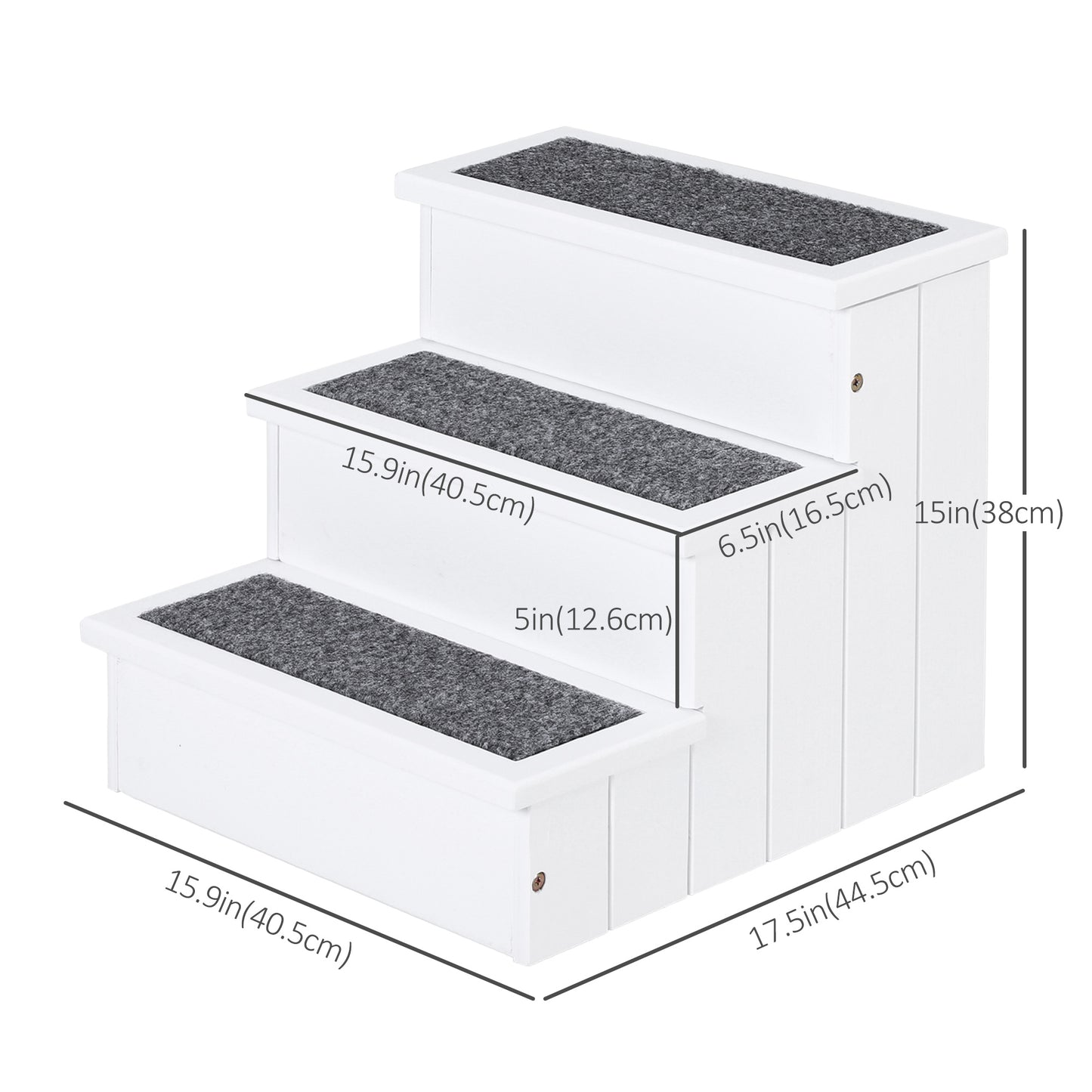 Pet Steps 3-Step Dog Stairs for Small Dogs Cats and Wooden Ramp with Storage Box Carpet Tread, White