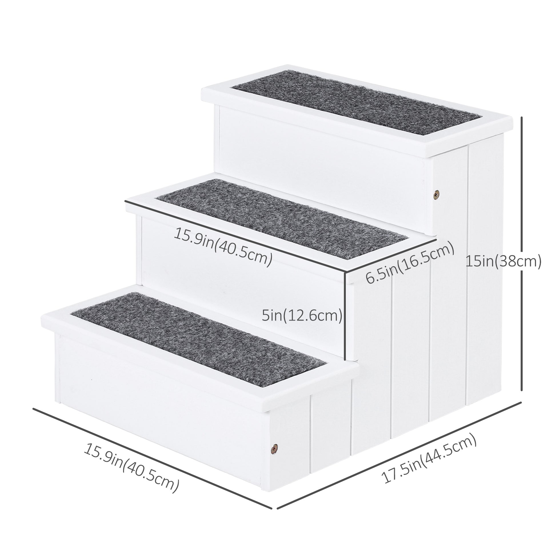 Pet Steps 3-Step Dog Stairs for Small Dogs Cats and Wooden Ramp with Storage Box Carpet Tread, White