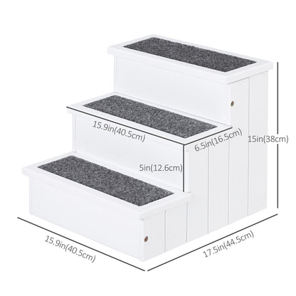 Pet Steps 3-Step Dog Stairs for Small Dogs Cats and Wooden Ramp with Storage Box Carpet Tread, White