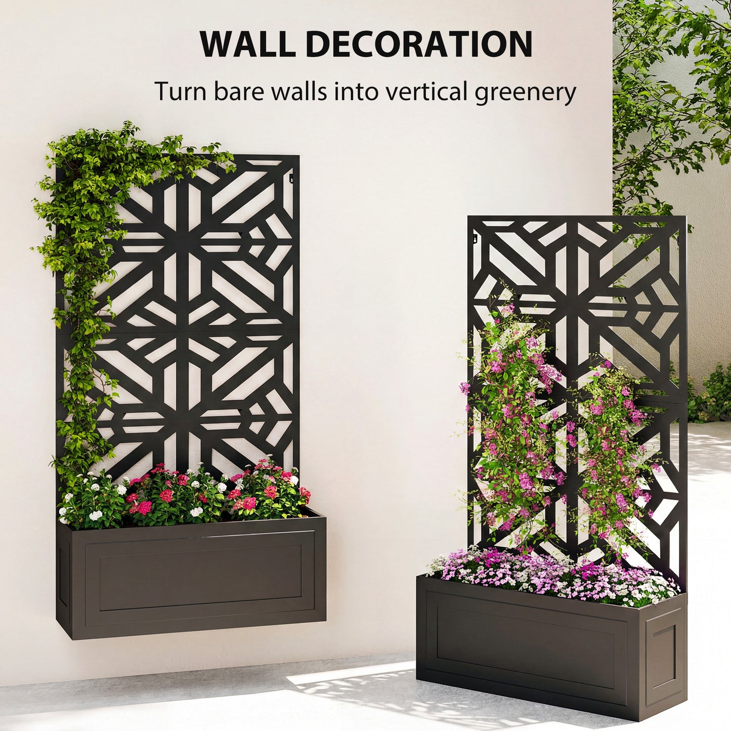 Metal Raised Garden Bed with Trellis for Climbing Plants, Freestanding or Wall Mounted Flower Bed with Privacy Panel
