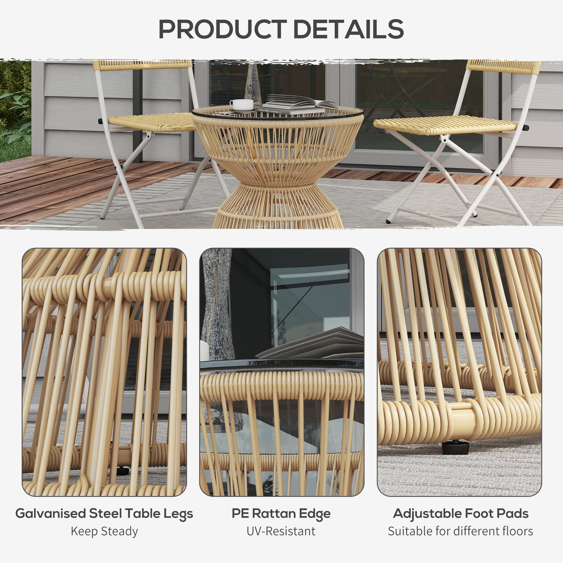 Rattan Outdoor Coffee Table, Patio End Table with Tempered Glass Tabletop & Steel Frame, Wicker Furniture, Nature Wood