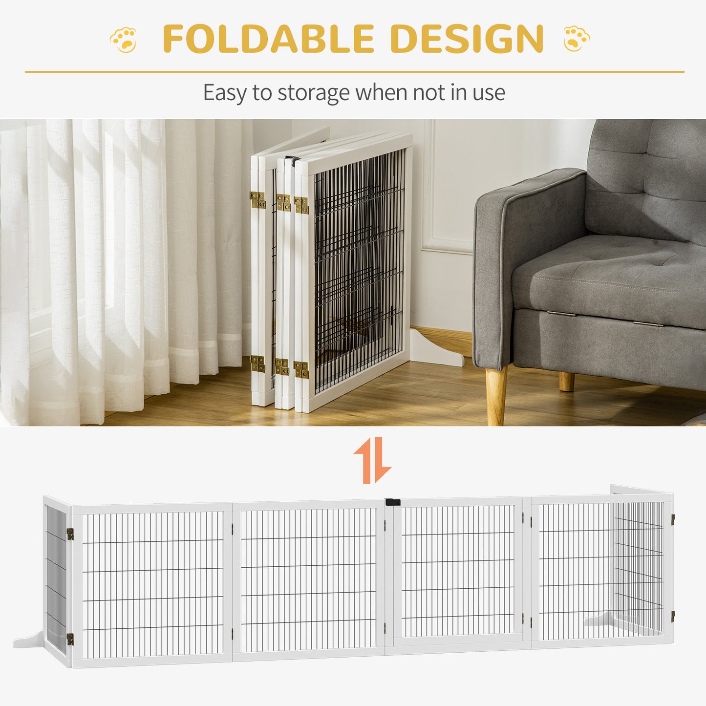 Wooden Freestanding Pet Gate w/ 2 Support Feet, White