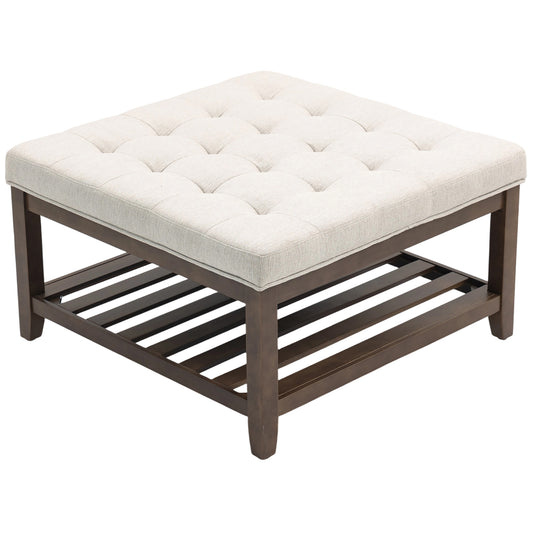 Ottoman Coffee Table, 32 Inch Square Footrest Ottoman with Storage, Linen Upholstered Tufted Footstool, Beige