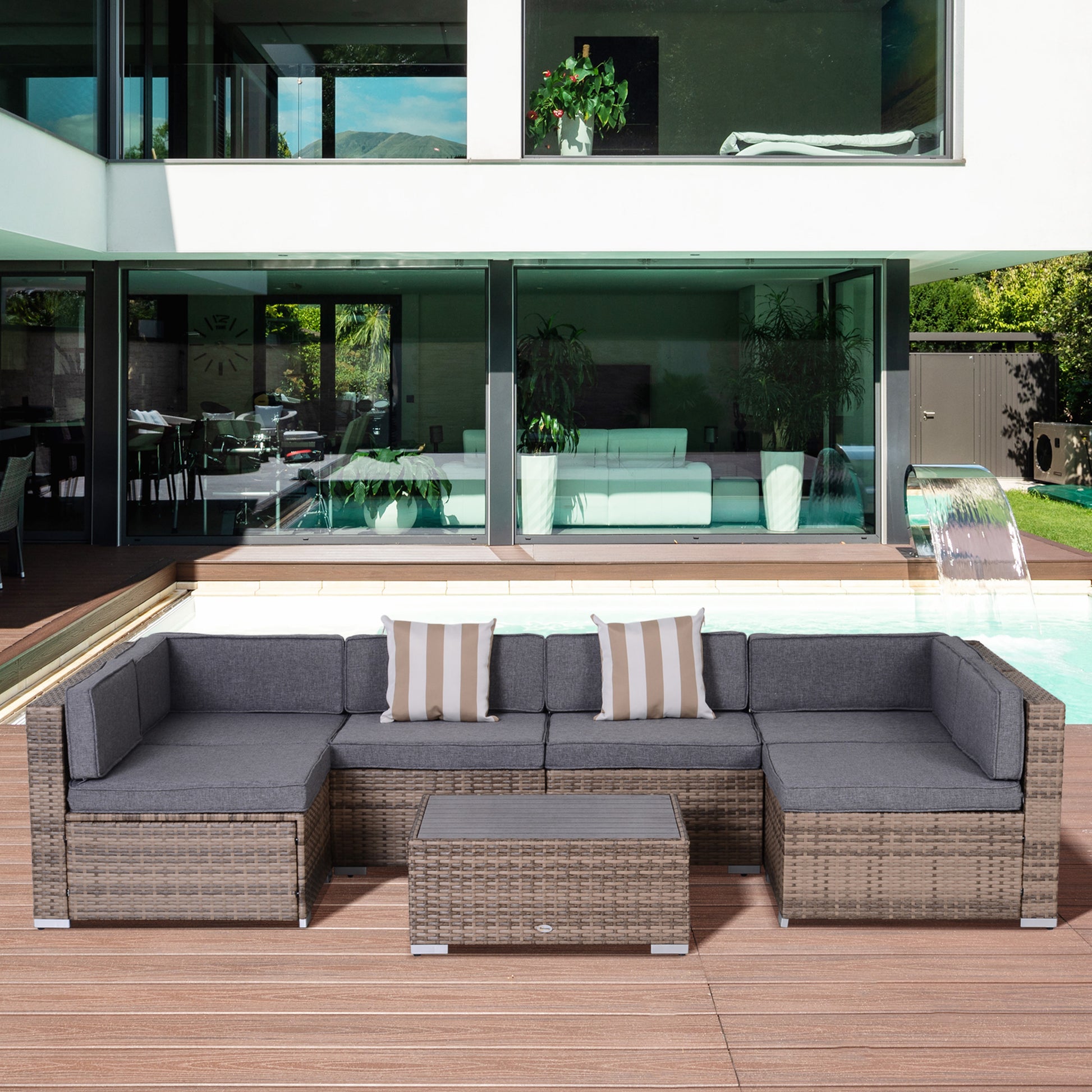 7 Pieces Patio Furniture Set, Rattan Conversation Set Garden Wicker Sofa Set with Washable Cushions and Coffee Table, All Weather PE Rattan Sectional Sofa, Grey