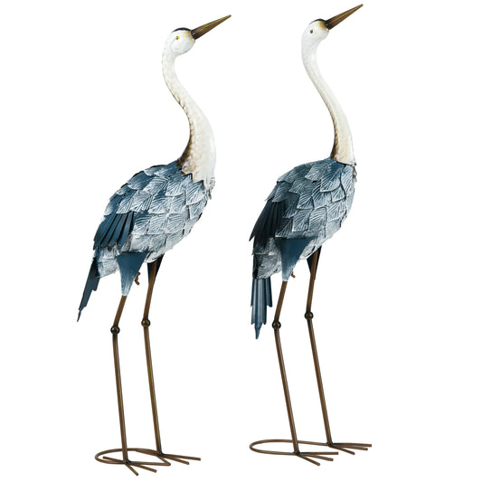 Set of 2 Garden Sculptures Crane Statues Lawn Patio Backyard Ornaments, 28.5"-29.1", Blue