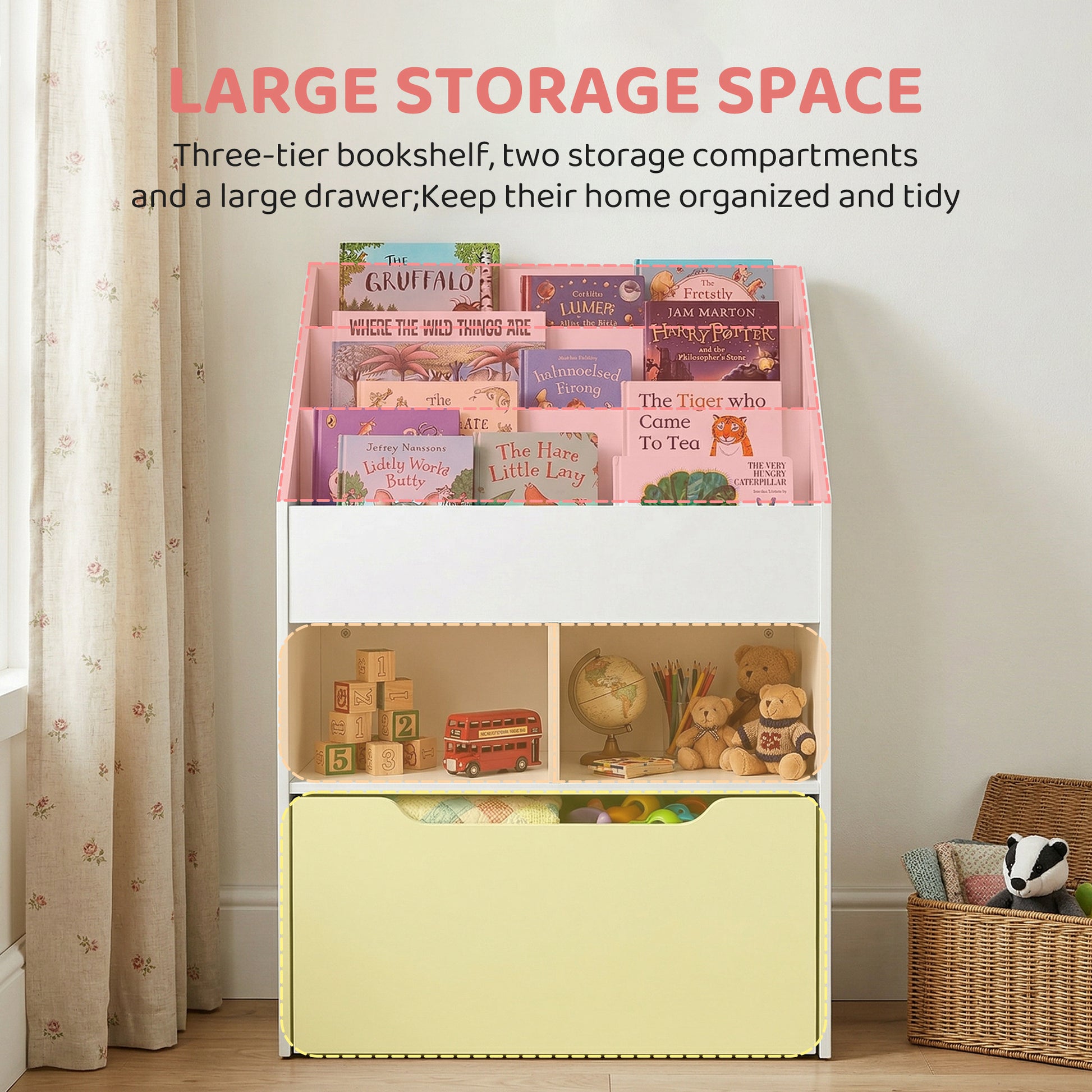 Kids Bookshelf Bookcase, Montessori-Inspired Multi-Shelf Rack Organizer with Moveable Drawer for Books for Reading Nook, Classroom, Bedroom, Playroom, White