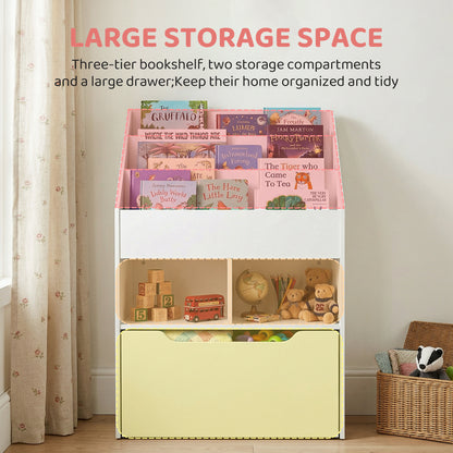 Kids Bookshelf Bookcase, Montessori-Inspired Multi-Shelf Rack Organizer with Moveable Drawer for Books for Reading Nook, Classroom, Bedroom, Playroom, White