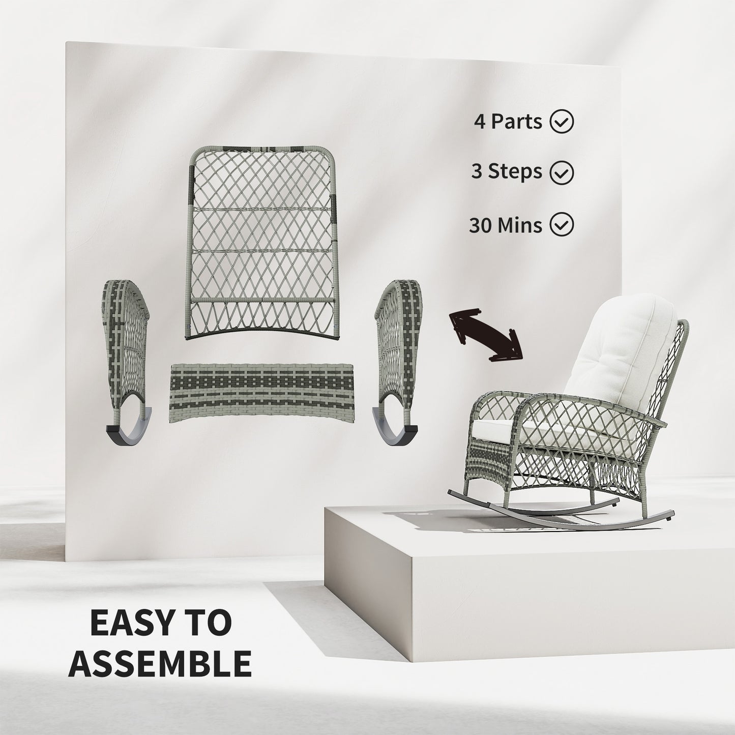 Rattan Rocking Chair, Outdoor Wicker Patio Rocker Chair Furniture with Thick Cushions, for Garden Backyard Porch, Khaki