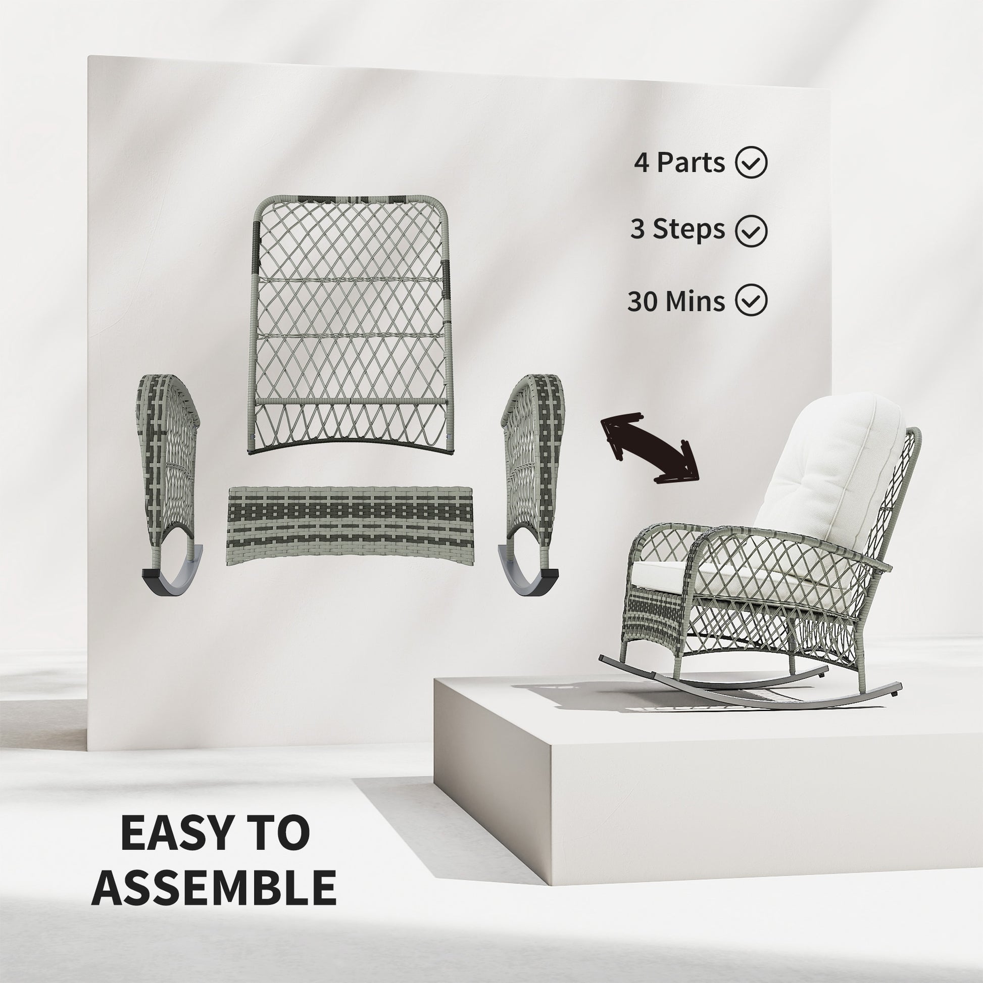 Rattan Rocking Chair, Outdoor Wicker Patio Rocker Chair Furniture with Thick Cushions, for Garden Backyard Porch, Khaki