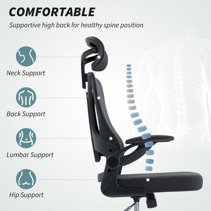 Ergonomic Office Chair, Swivel Desk Chair with Adjustable Lumbar Support, Headrest and Height, Flip-up Armrests, Black