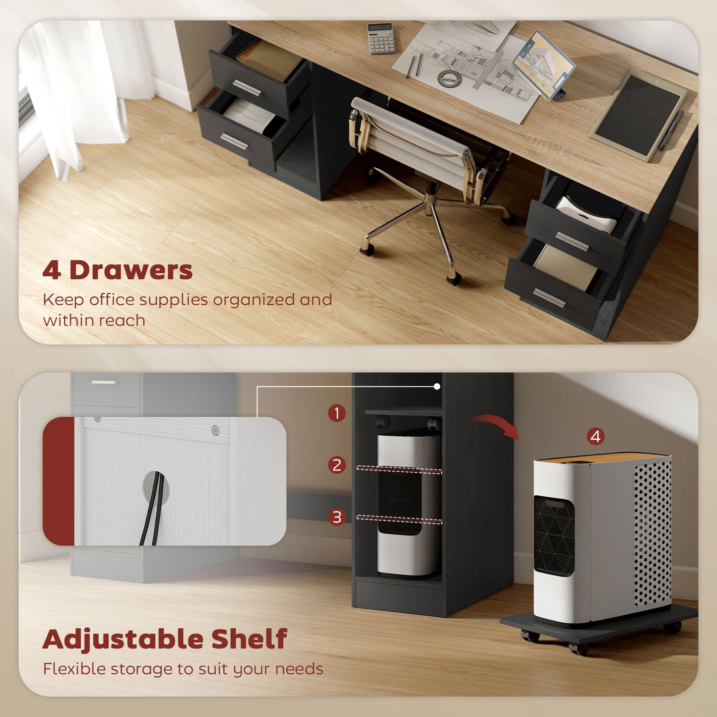 Office Desk, 55" Computer Desk with 4 Reversible Drawers, Mobile PC Stand, Adjustable Shelf, Black Wood Grain