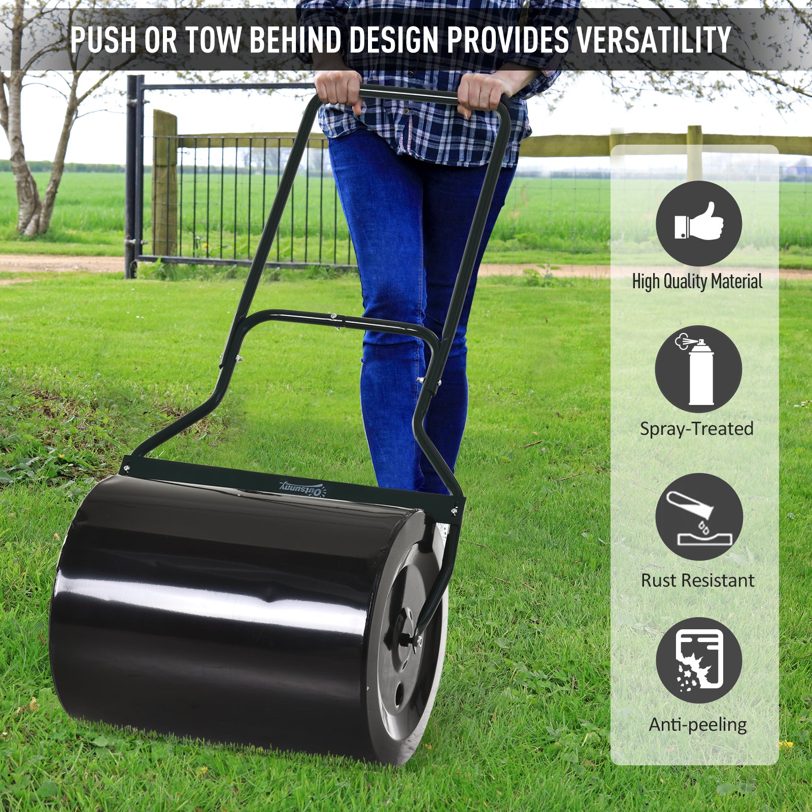 20" Push/Tow Behind Lawn Roller, Heavy Duty Sod Drum Roller Filled with 16 Gal Water/Sand, Grass Flattener for Yard, Patio, Park, Black