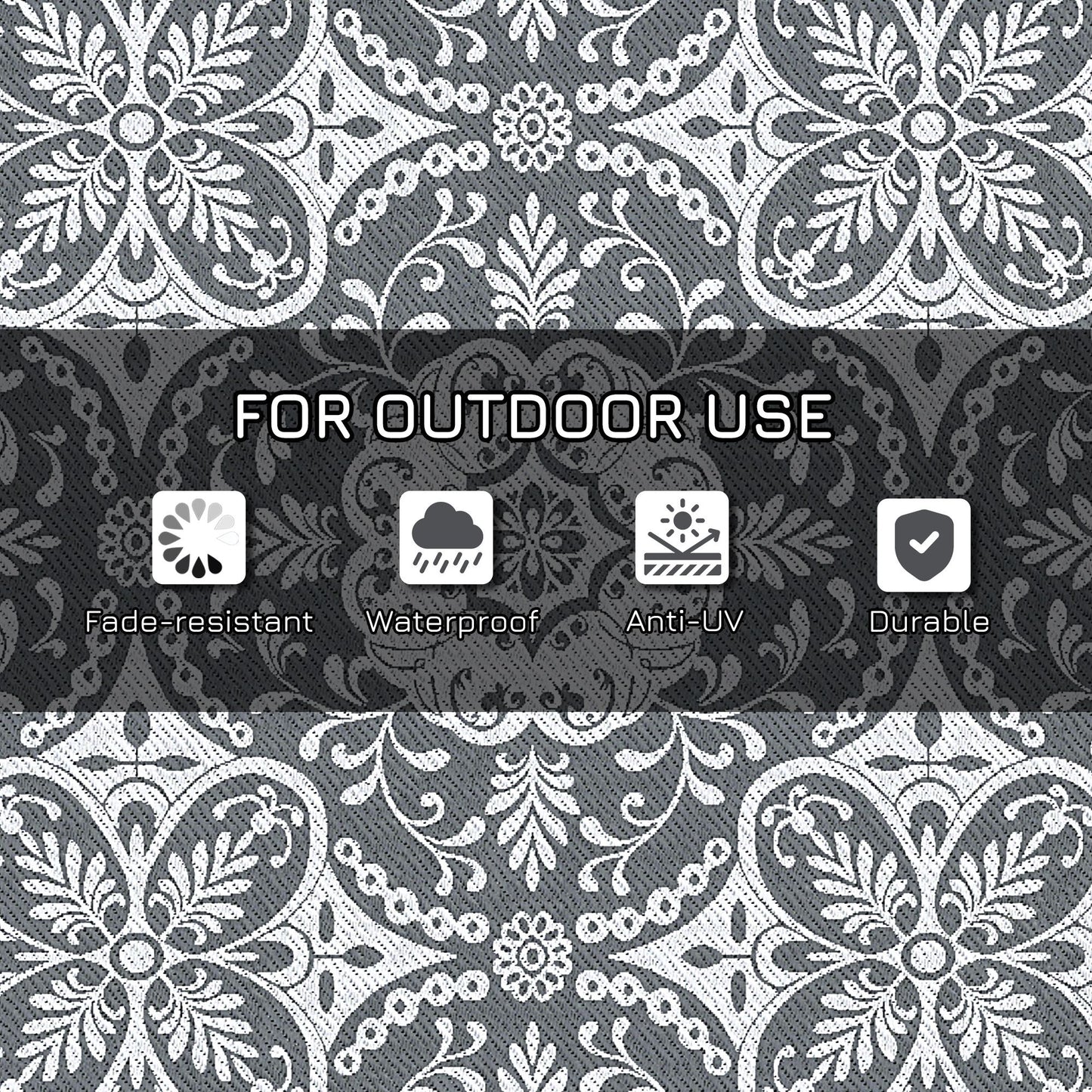Portable Outdoor Rug with Carry Bag, 9' x 12' Reversible Mat, Waterproof Plastic Straw RV Rug for Backyard, Deck, Picnic, Beach, Camping, Gray & White Flower
