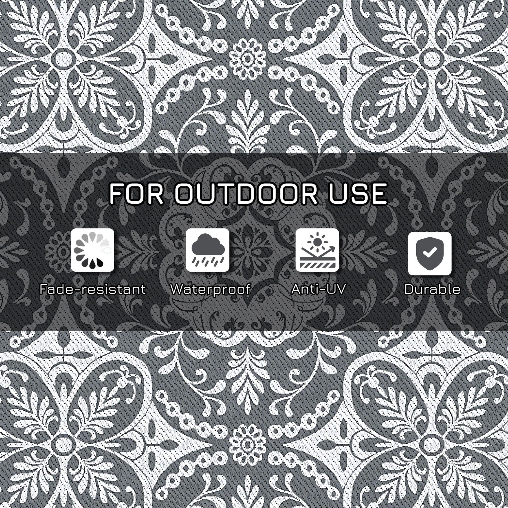 Portable Outdoor Rug with Carry Bag, 9' x 12' Reversible Mat, Waterproof Plastic Straw RV Rug for Backyard, Deck, Picnic, Beach, Camping, Gray & White Flower