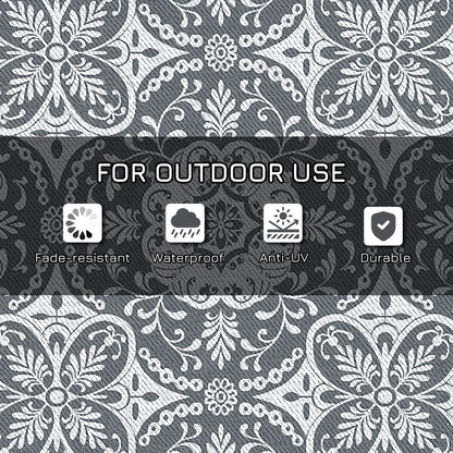 Portable Outdoor Rug with Carry Bag, 9' x 12' Reversible Mat, Waterproof Plastic Straw RV Rug for Backyard, Deck, Picnic, Beach, Camping, Gray & White Flower