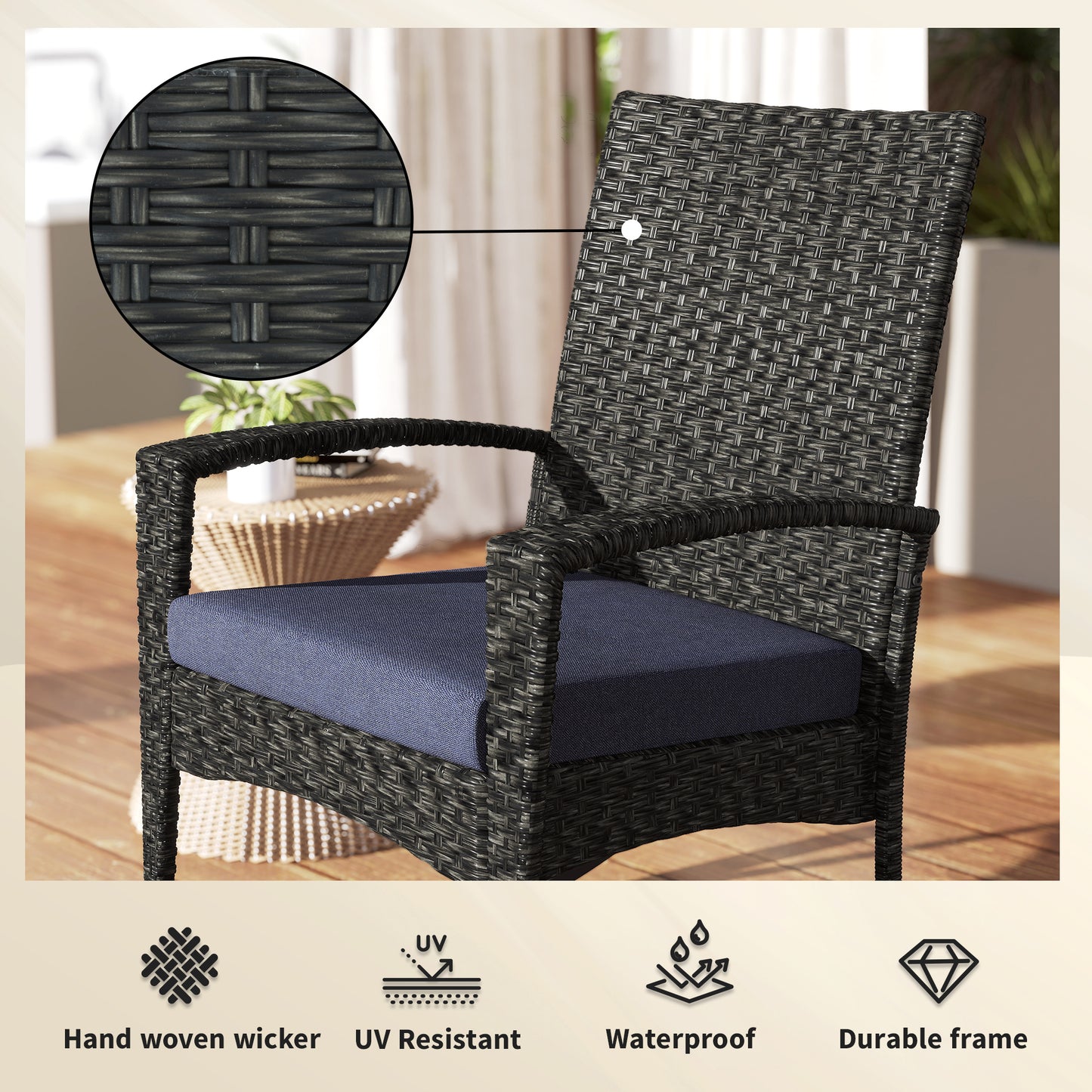 Outdoor Rocking Chair, Patio Wicker Chair Removable Cushion, High Back and Armrests for Porch Balcony, Navy Blue