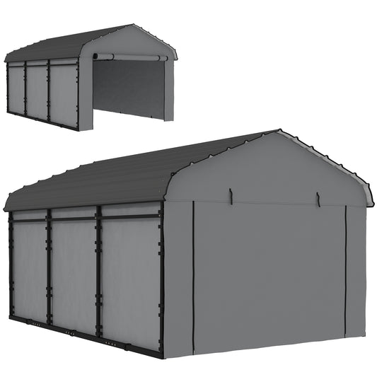 10' x 15' Metal Carport, Heavy Duty Garage Car Shelter with Galvanized Metal Roof and Removable Sidewalls, Light Grey