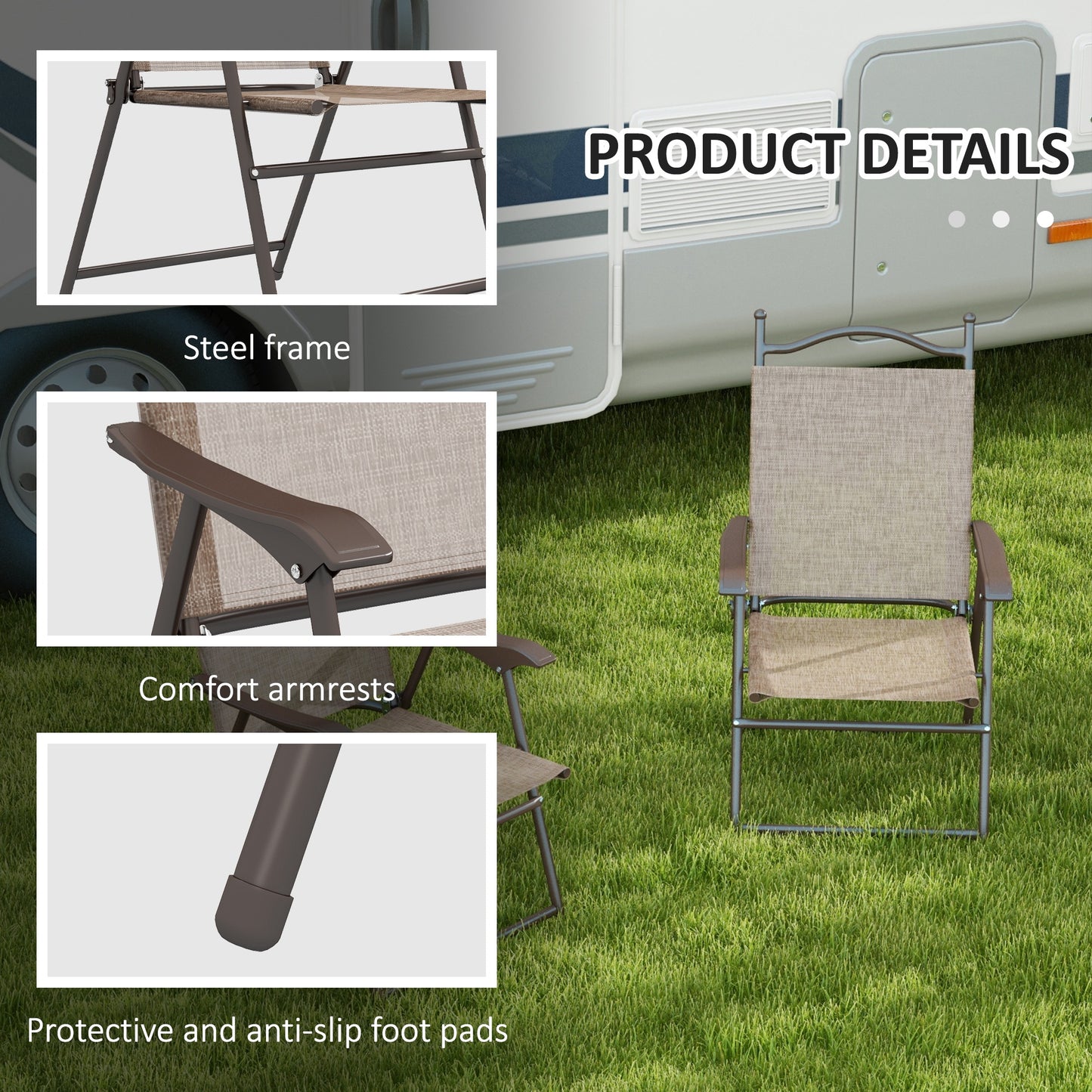 2 Pieces Folding Patio Camping Chairs Set, Sports Chairs for Adults with Armrest, Mesh Fabric Seat for Lawn