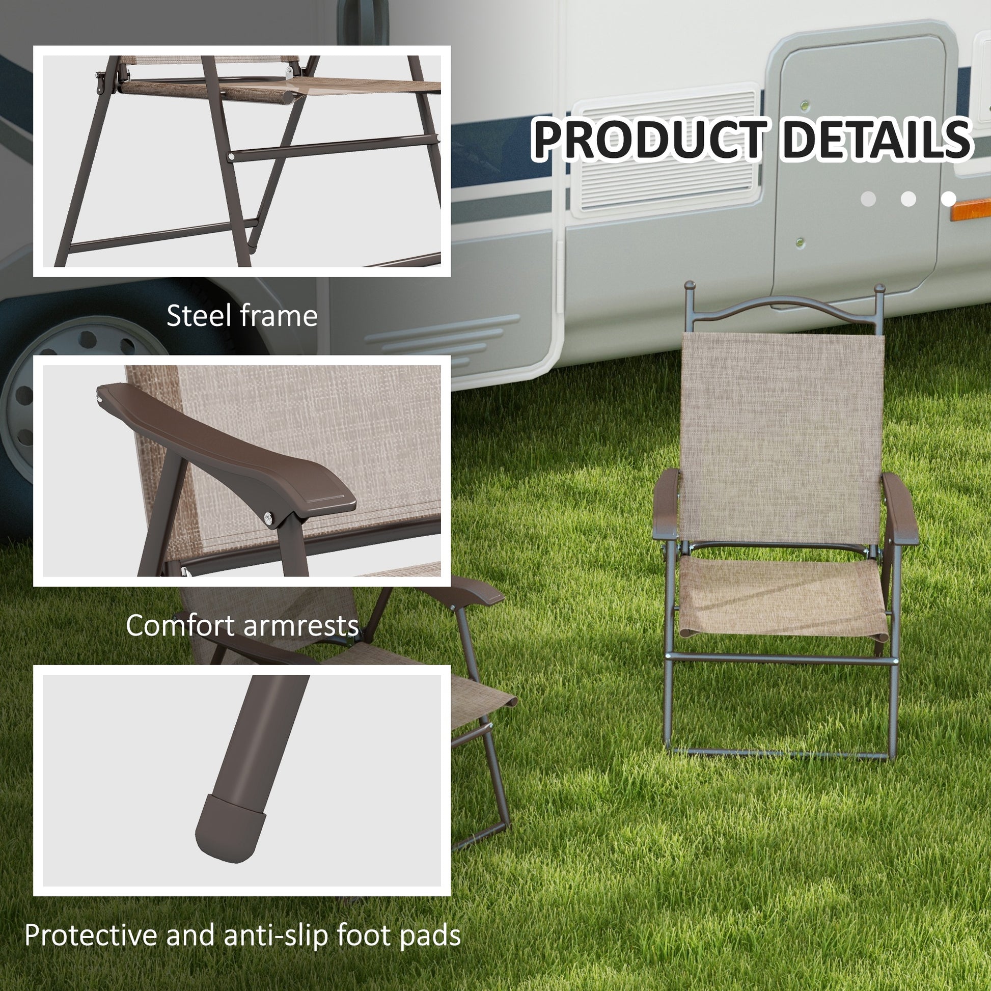 2 Pieces Folding Patio Camping Chairs Set, Sports Chairs for Adults with Armrest, Mesh Fabric Seat for Lawn
