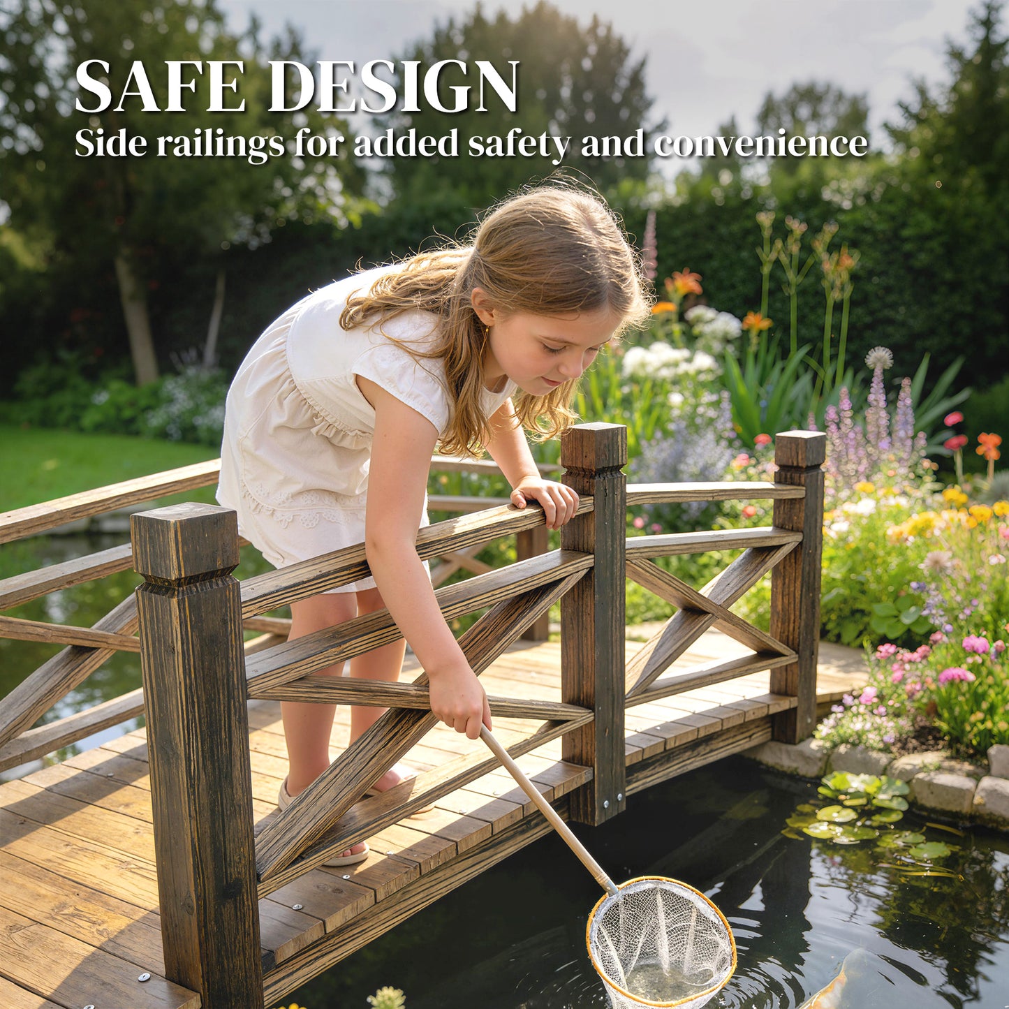 Garden Bridge Wooden Arch Footbridge with Safety Rails Carbonized