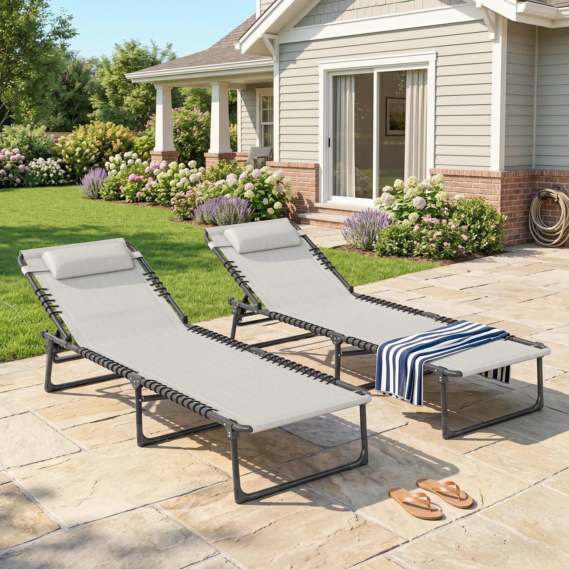 2 PCs Folding Lounge Chairs, Adjustable Chaise Lounges with Headrest for Camping, Hiking, Cream White