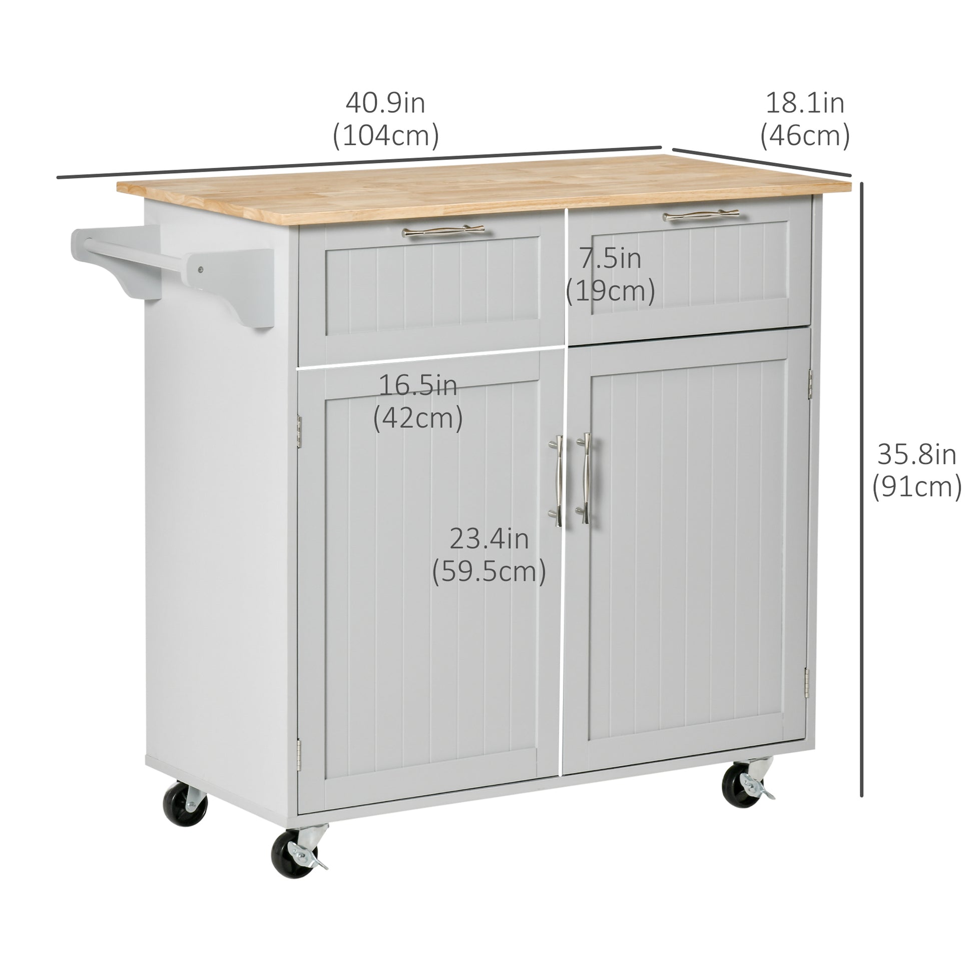 41" Kitchen Island with Storage and Solid Wood Top, Rolling Kitchen Cart on Wheels with 2 Storage Drawers, 2 Doors and Towel Rack for Dining Room, Grey