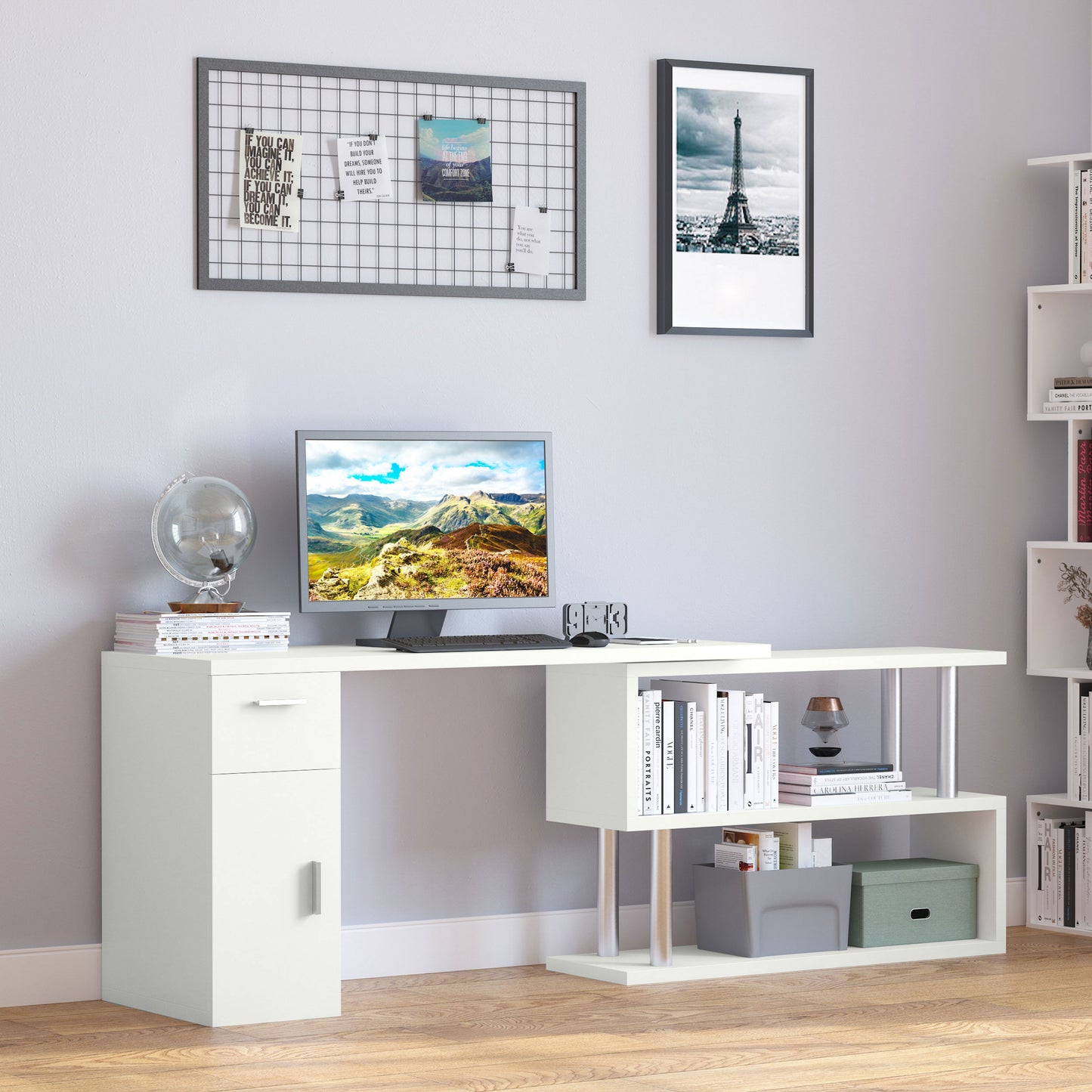 L-Shaped Rotating Computer Desk Home Office Study Workstation with Storage Shelves, Cabinet and Drawer for Home & Office, White