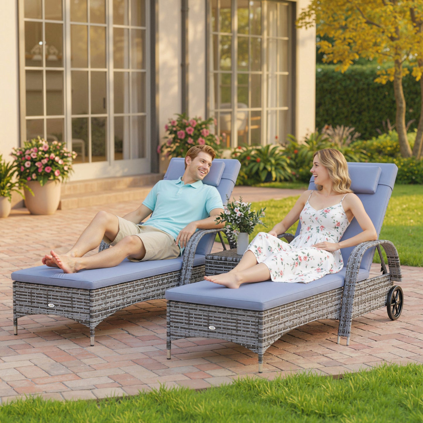3 Pieces Wicker Patio Lounger Set with Table, PE Rattan Outdoor Lounge Chair Set with Cushions, Wheels, 5-Level Reclining Backrest, Headrest, Grey