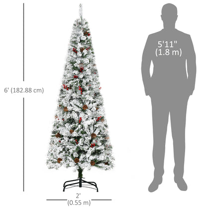 6 Foot Pencil Snow Flocked Artificial Christmas Tree with 600 Pine Realistic Branches, Pine Cones, Red Berries, Auto Open, Green