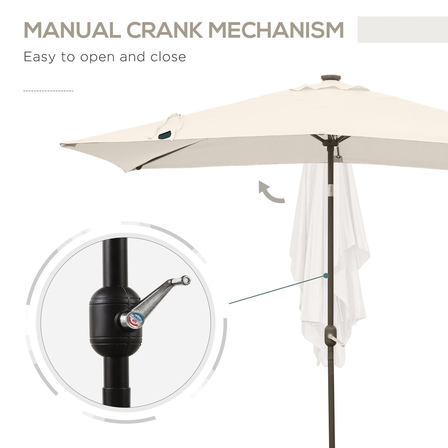 6' x 10' Patio Umbrella with 22 LED Solar Lights and Tilt, Rectangular Outdoor Table Umbrella with Crank, Beige