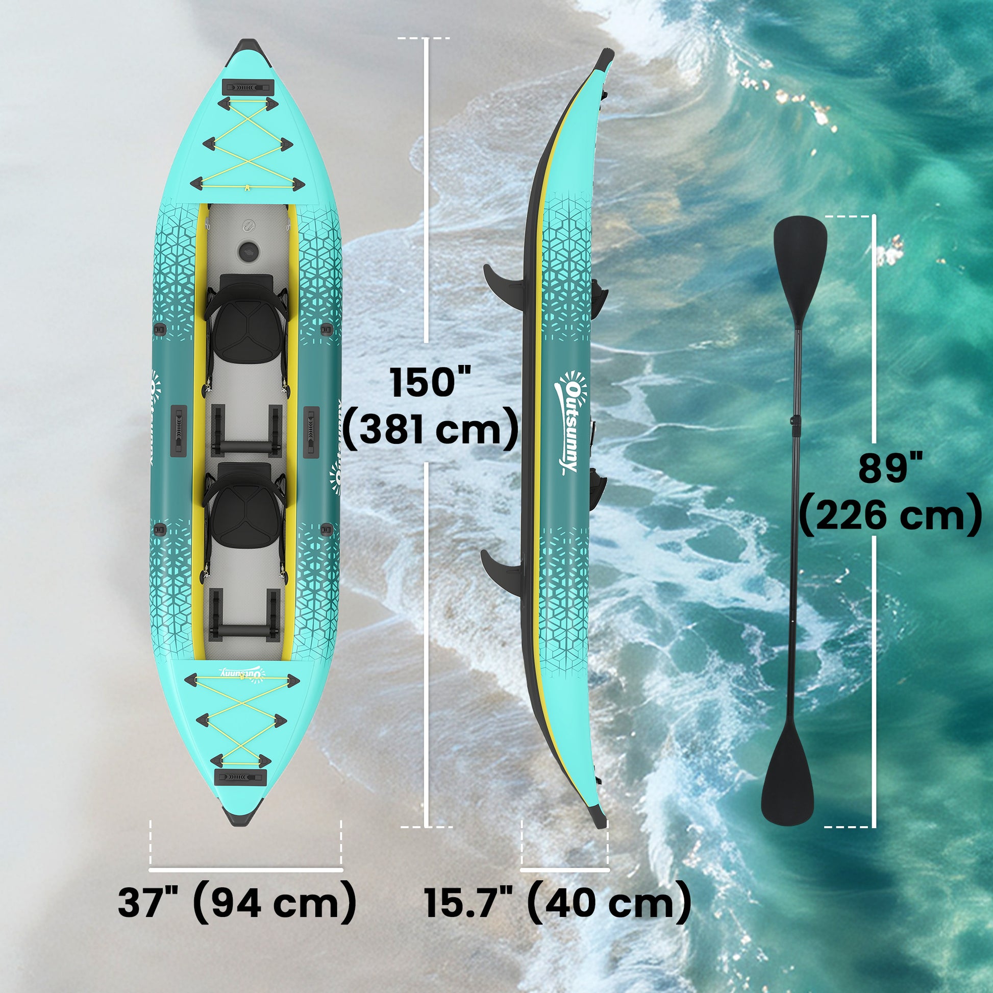 12'6"x37" Inflatable Paddle Board, 506lbs Wide Blow Up Kayak with 2 Aluminum Paddles, Seats and Fins, Yellow and Grey