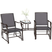 Double Patio Glider Chair with Glass Top Center Table, Outdoor Glider Loveseat with High Back, All Weather Breathable Mesh Fabric for Garden, Backyard, Deck, Grey