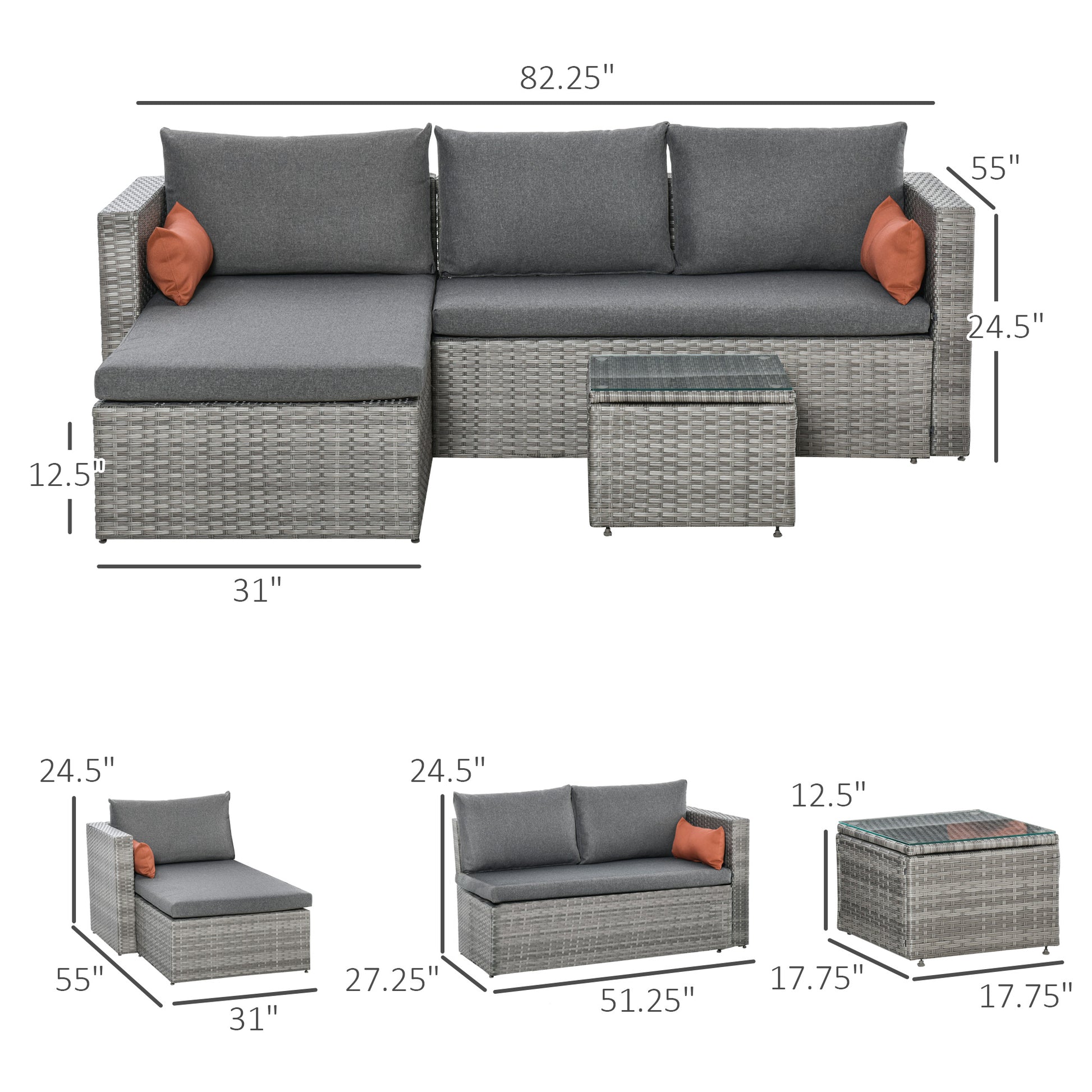 3-Piece Patio Furniture Set Modern Sectional Sofa Rattan Chair Wicker Conversation Set Outdoor Hand Woven Rattan Wicker Furniture Patio Coffee Table Sofa Set, Grey