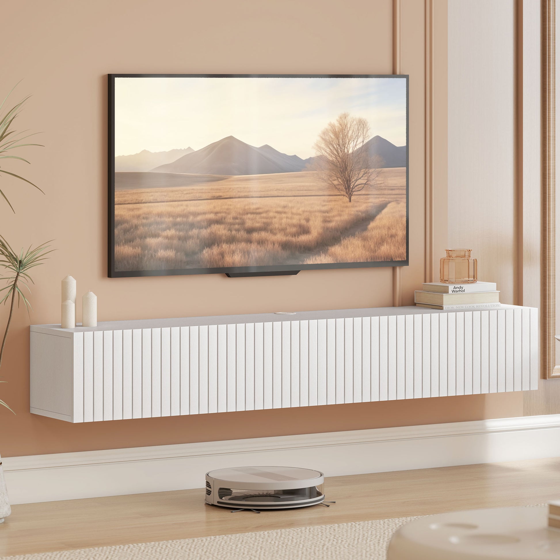 55" Floating TV Stand for TVs up to 72 Inch, Wall Mount Media Console with 2 Fluted Flip-Down Doors, Cable Hole, White