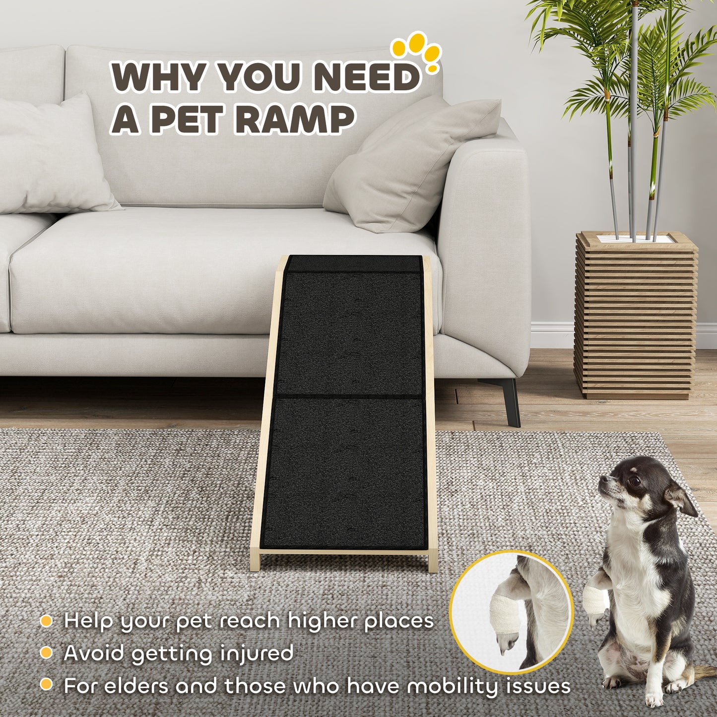 Pet Ramp Bed Steps for Dogs Cats Non-slip Carpet Top Platform Pine Wood 59"L x 16"W x 20"H Natural Wood