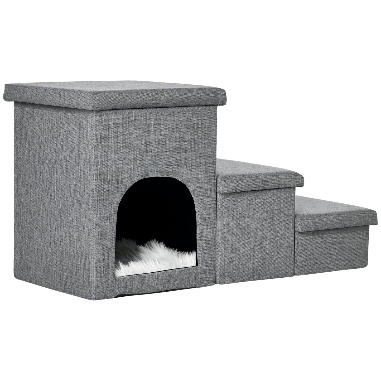 Dog Ramp with Storage Boxes and Condo, 3-step Pet Stairs for High Beds and Couch with Washable Plush Cushion