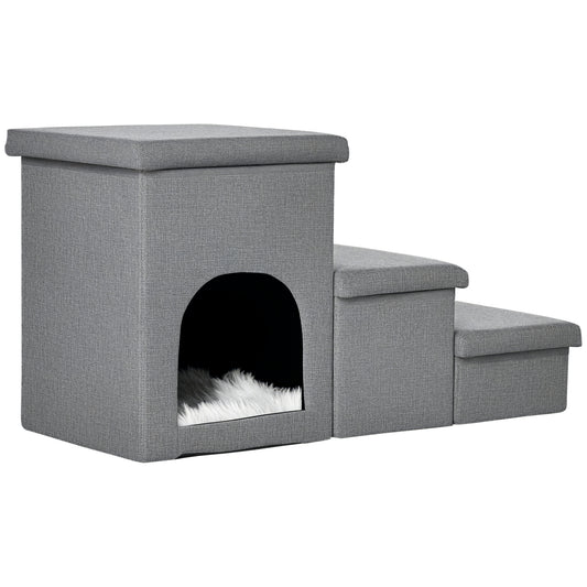 Dog Ramp with Storage Boxes and Condo, 3-step Pet Stairs for High Beds and Couch with Washable Plush Cushion
