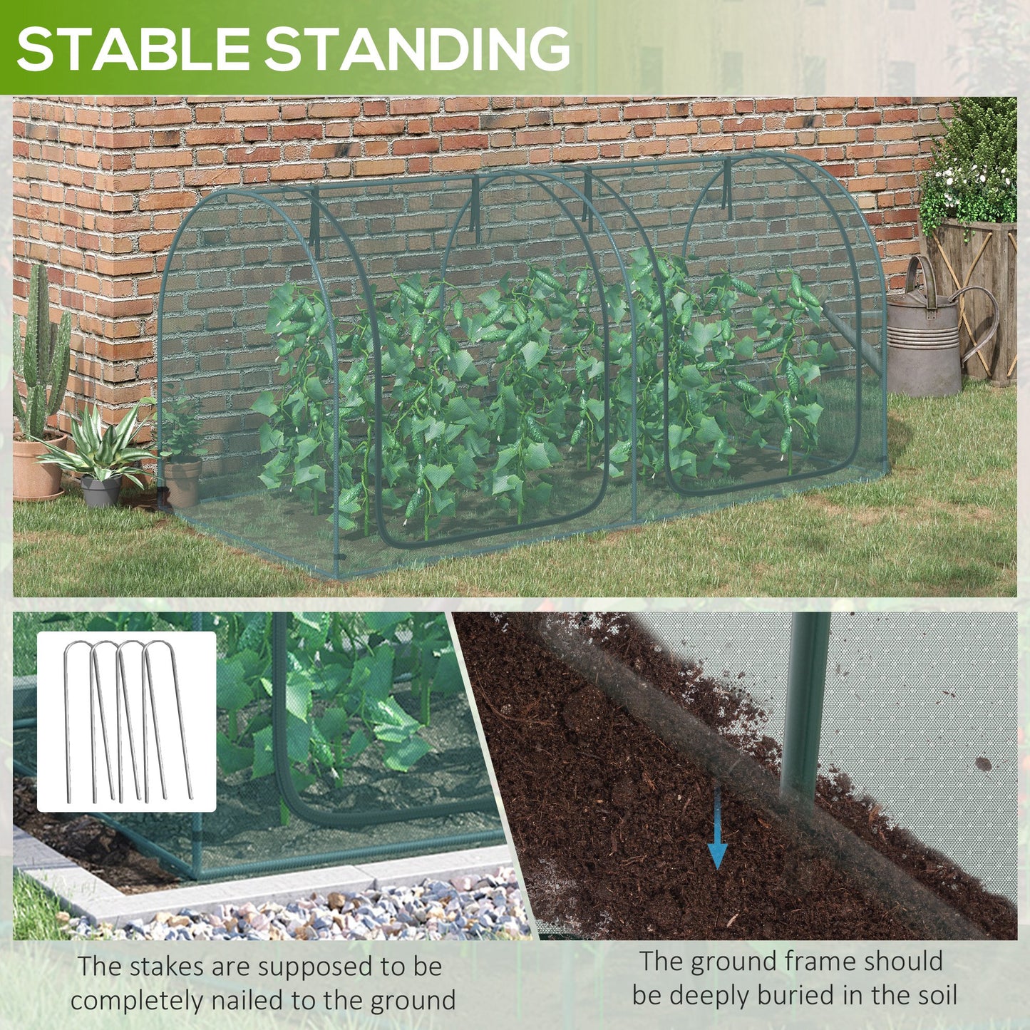 8' x 3' Crop Cage, Garden Plant Protector, with 3 Zippered Doors and 6 Ground Stakes, for Garden, Yard, Lawn Dark Green