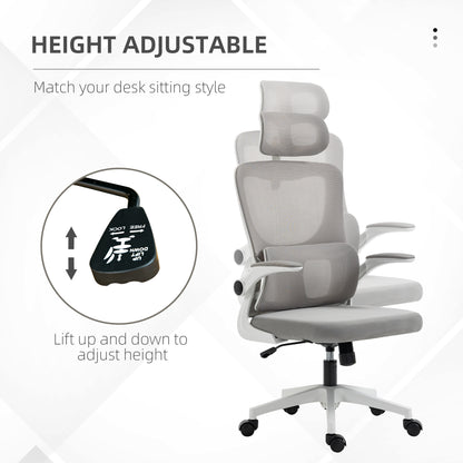 Ergonomic Office Chair, Mesh Computer Desk Chair with Adjustable Headrest, 4D Lumbar Support, Flip-up Arm, Grey
