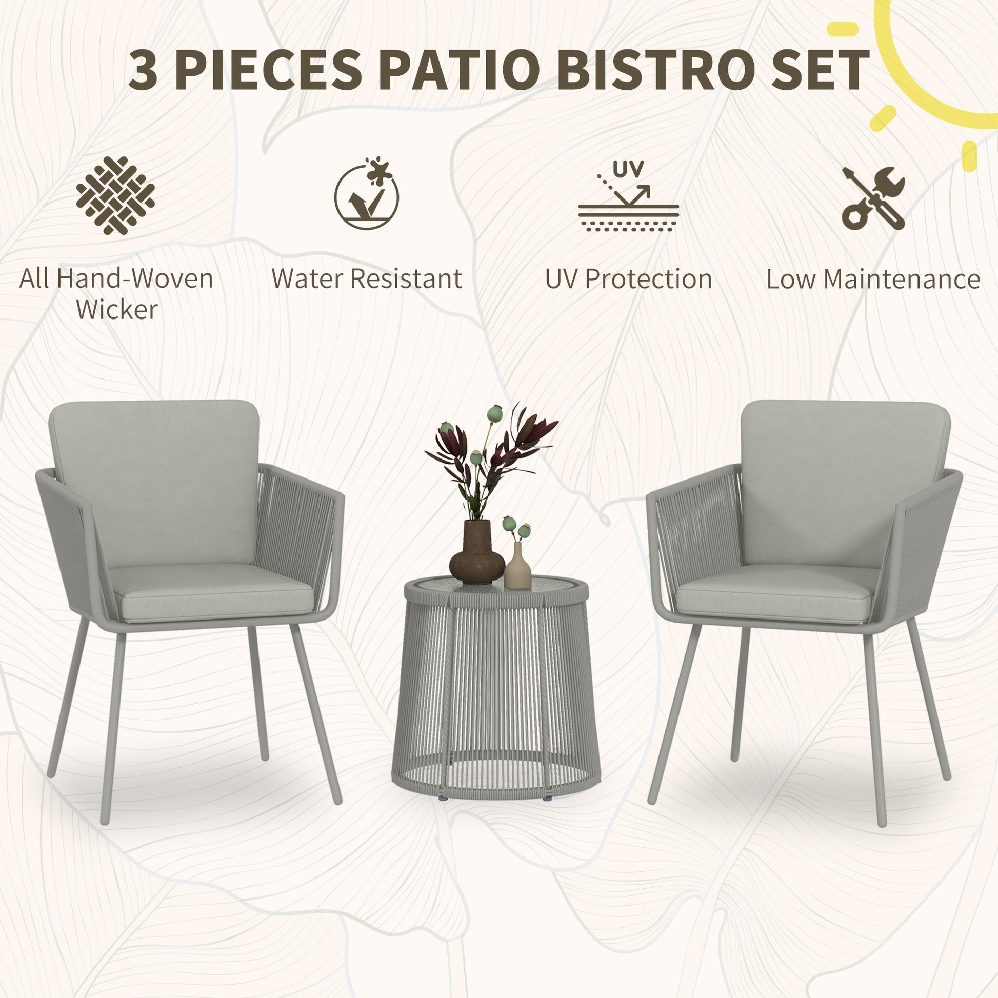 3 Piece Outdoor Patio Bistro Set, Wicker Rattan Furniture with Metal Legs for Garden, Backyard, Light Grey