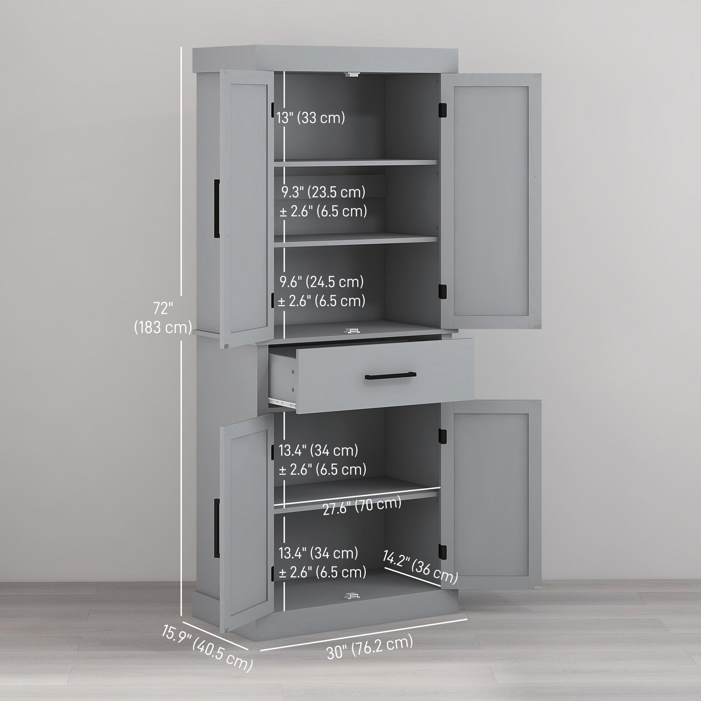 72" Farmhouse Kitchen Cabinet, Kitchen Pantry Cabinet with 4 Barn Doors, Drawer, Adjustable Shelves, Grey