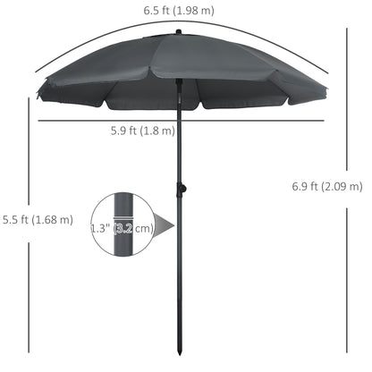 6ft Beach Umbrella, Outdoor Sun Shade Parasol with Push Button Tilt, Ruffled UV50+ Vented Canopy, Dark Grey