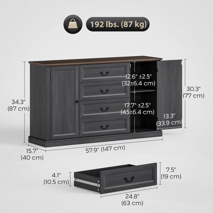 Farmhouse Sideboard with Charging Station, 58" Buffet Cabinet, Kitchen Storage Cabinet with 4 Drawers, 2 Doors, Black