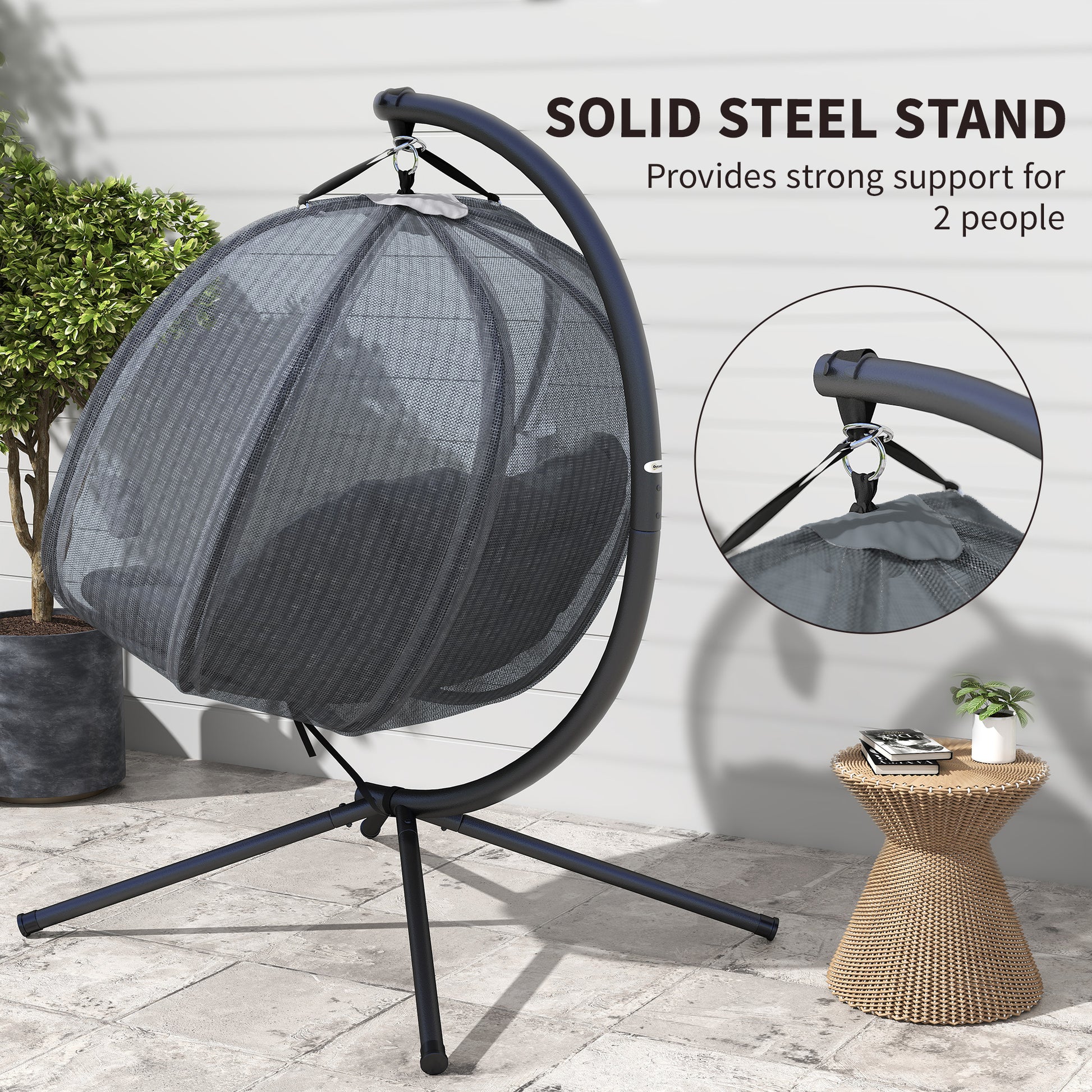 Double Egg Chair with Stand, 2 Person Hanging Swing Egg Chair with Cushion, Pockets, Grey