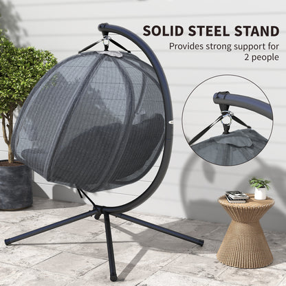 Double Egg Chair with Stand, 2 Person Hanging Swing Egg Chair with Cushion, Pockets, Grey
