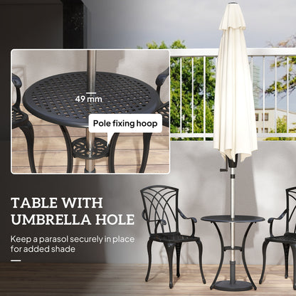 3 Pieces Patio Bistro Set, Cast Aluminum Outdoor Conversation Furniture Set, Coffee Table with Umbrella Hole, 2 Armchairs, Brown