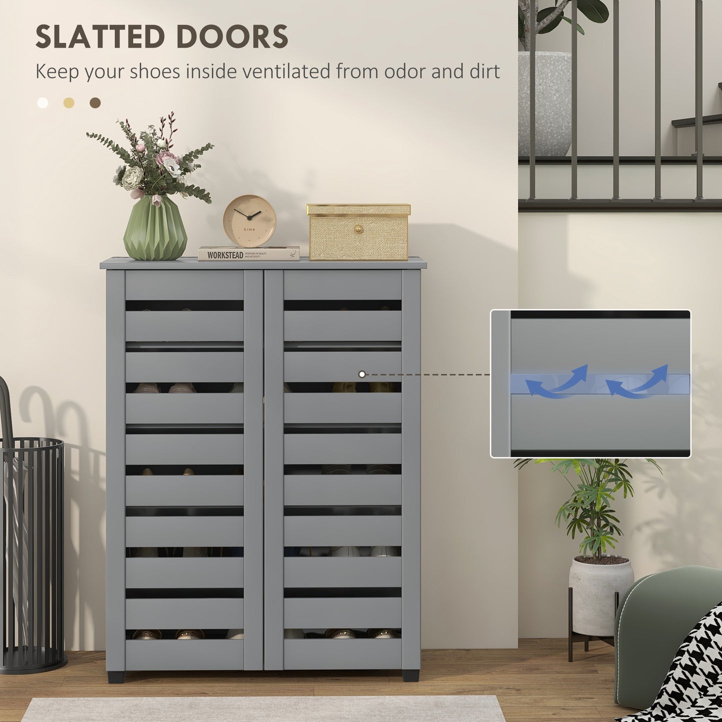 Shoe Storage Cabinet, Shoe Cabinet with 2 Slatted Doors for 15 Pairs of Shoes, Dark Grey