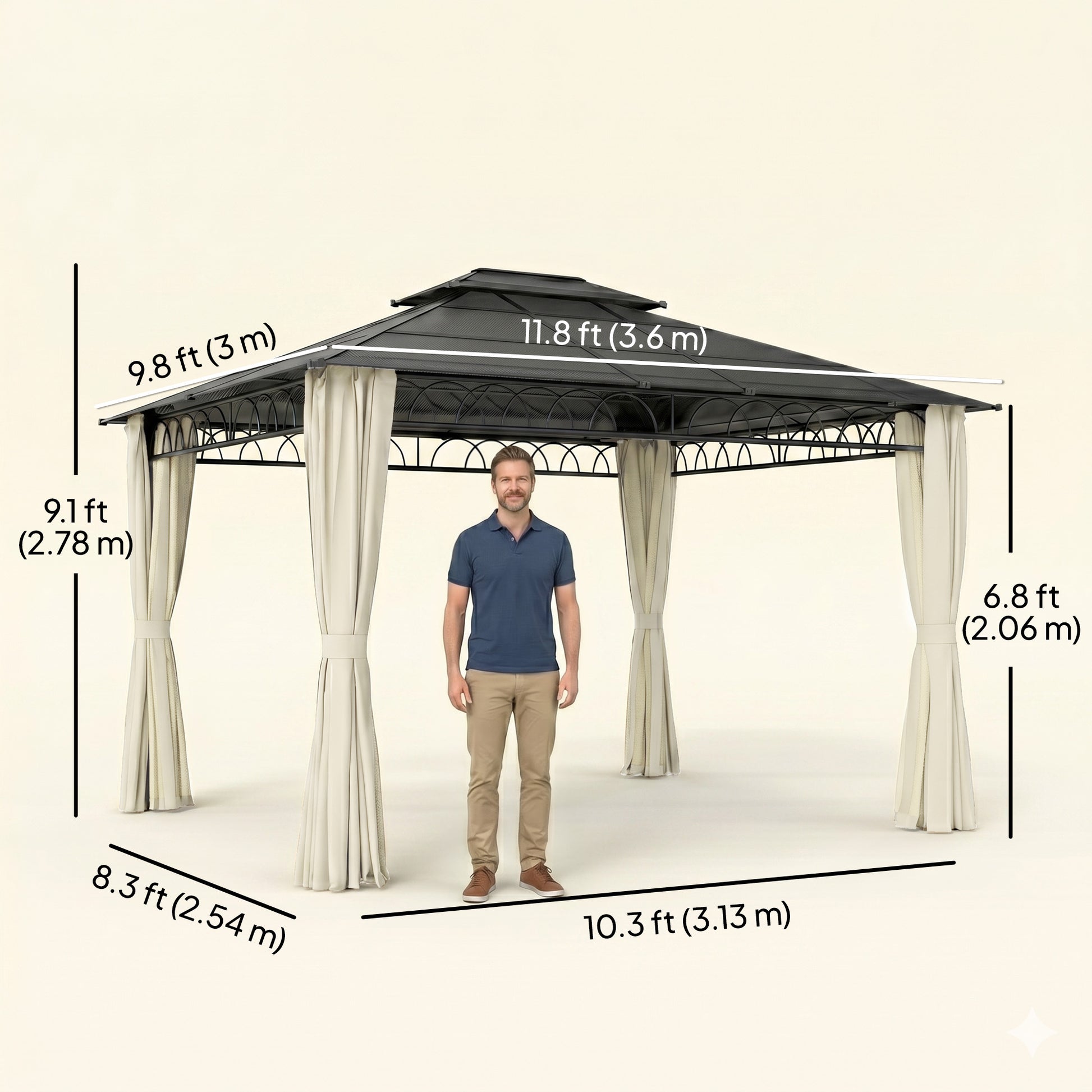10' x 12' Outdoor Gazebo Canopy, Double Roof Hardtop Gazebo with Polycarbonate Roof, Steel Frame, Nettings and Curtains