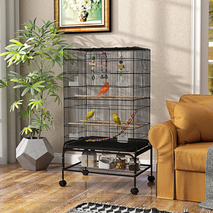 43" Bird Cage with Rolling Stand, Toys, for Budgies Canaries Black